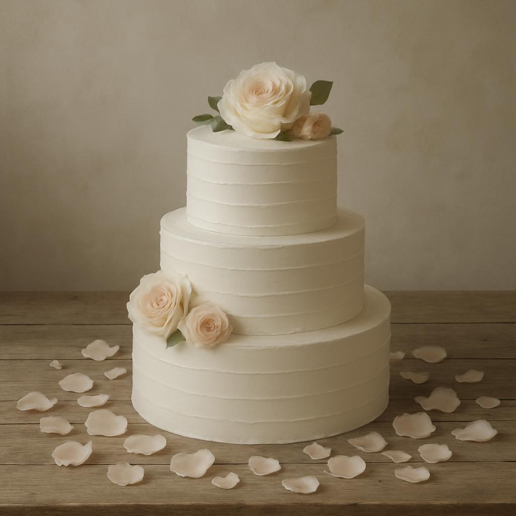 Three-tier white wedding cake with beige flowers. The texture of the icing is rough and deep. The cake is decorated with b...