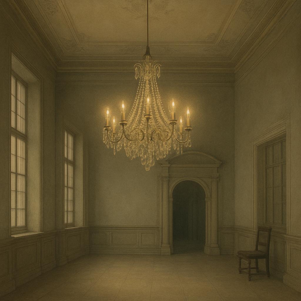 A large, dimly lit room featuring a stunning chandelier in the center, with paneling on three walls.