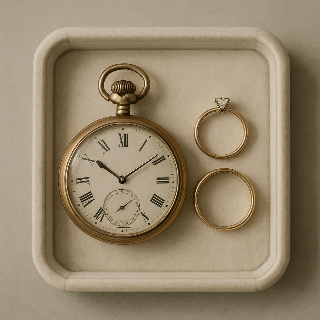 The image features a gold pocket watch with a white face, complete with a crown on top and roman numerals marking the hour...